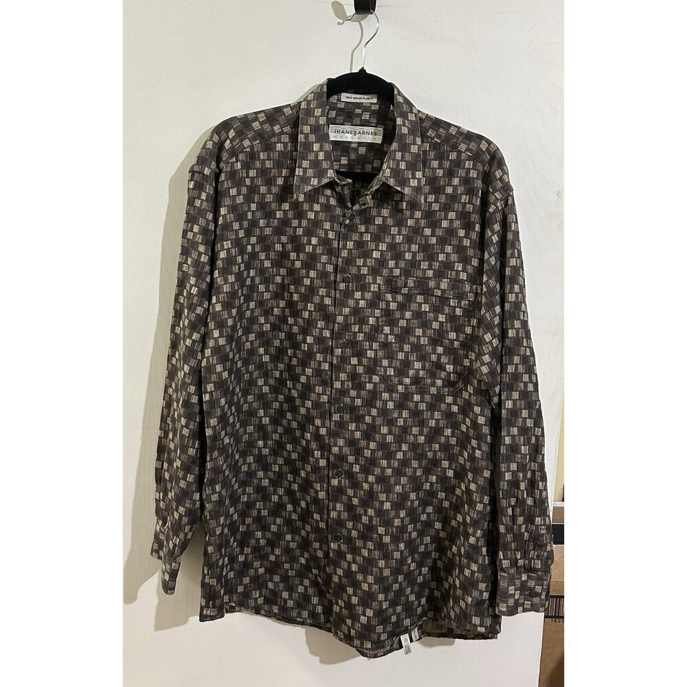Vintage Jhane Barnes Shirt Mens Large Long Sleeve Woven In Japan Brown Geometric